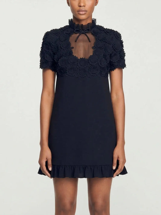 Floral Appliqué Sheer Yoke Mini Dress - S / Black - Dresses