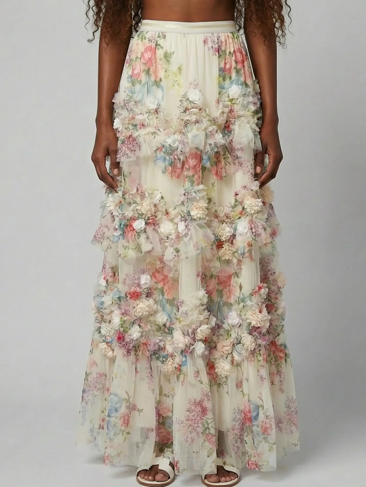 Floral Appliqué Tiered Tulle Maxi Skirt - Small - Skirts