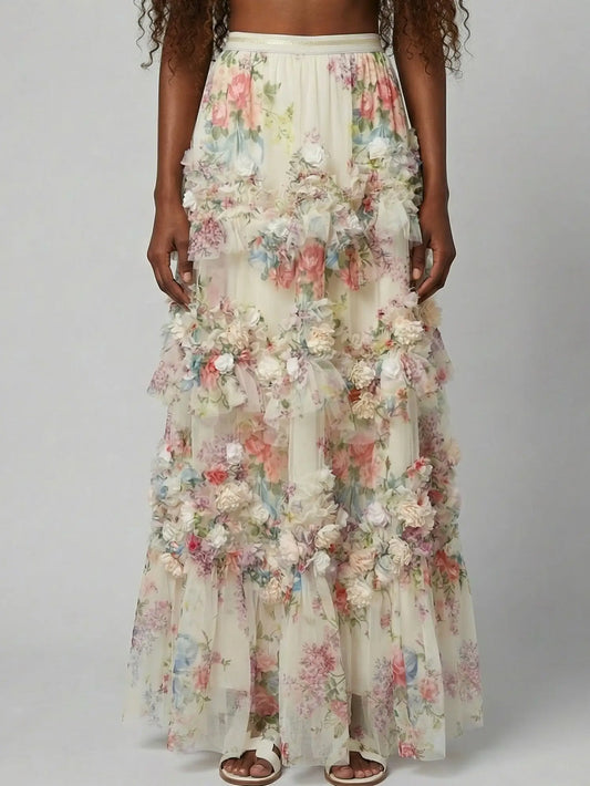 Floral Appliqué Tiered Tulle Maxi Skirt - Small - Skirts