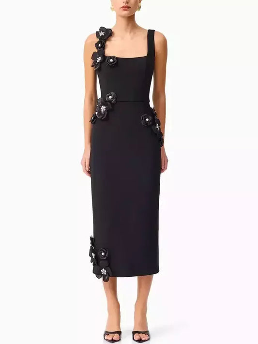 Floral Appliqued Sleeveless Pencil Dress S / Black Dresses