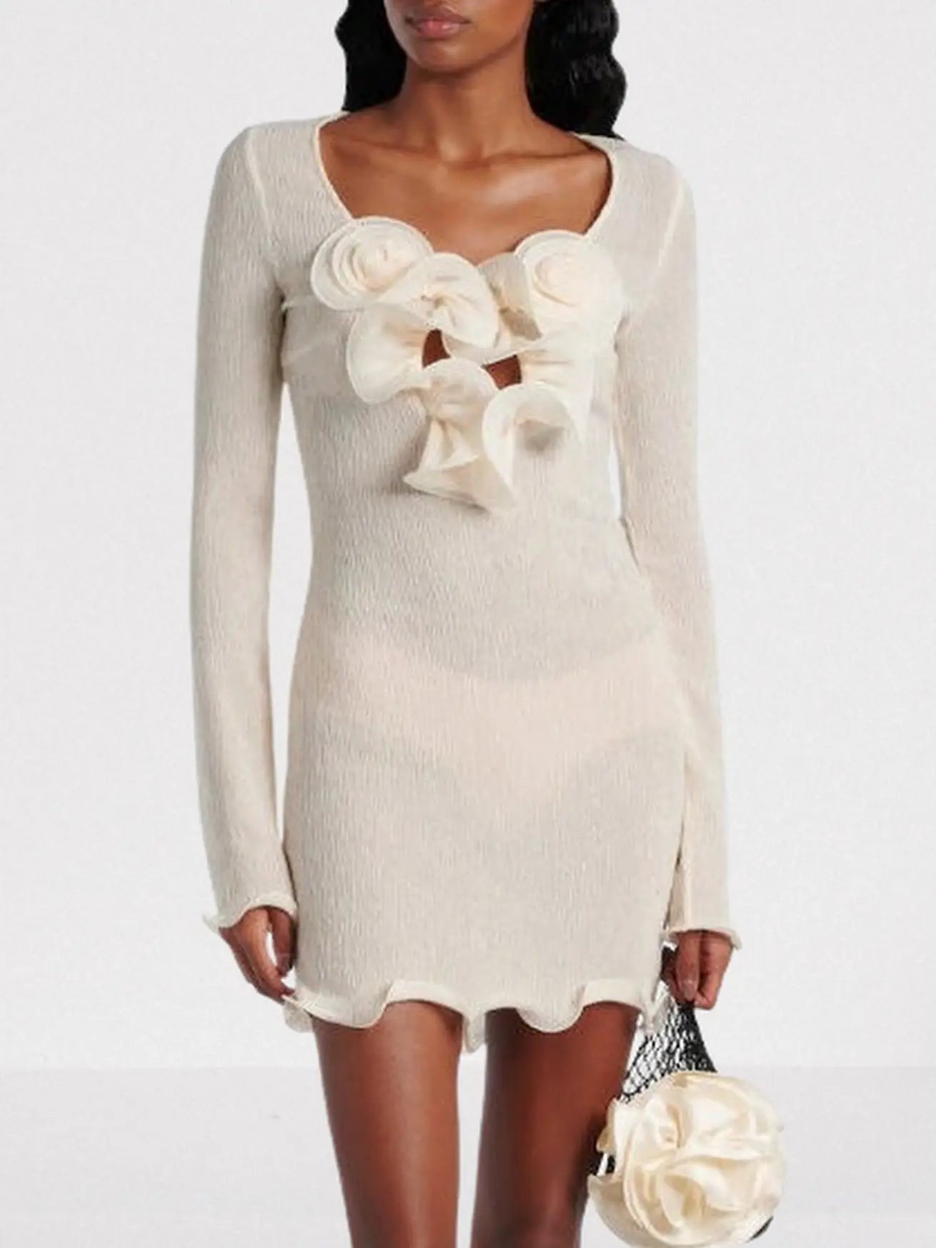 Floral Appliques Crepe Mini Dress - Small / Ivory - Dresses