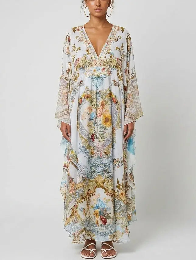 Floral Baroque Crystal-Embellished Silk Kaftan Dress - S - Dresses