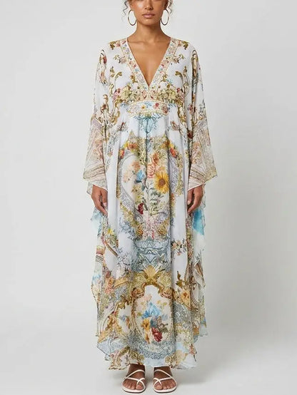 Floral Baroque Crystal-Embellished Silk Kaftan Dress - S - Dresses