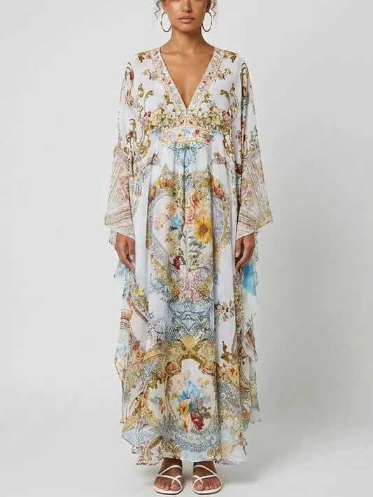 Floral Baroque Crystal-Embellished Silk Kaftan Dress - S - Dresses