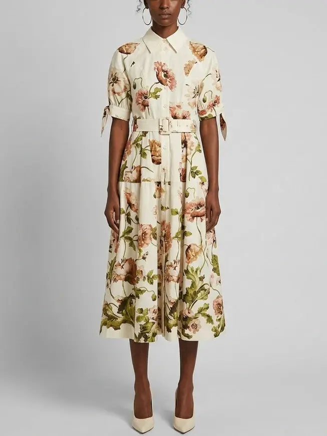 Floral Belted Cream Cotton Midi Shirt Dress - S - Dresses