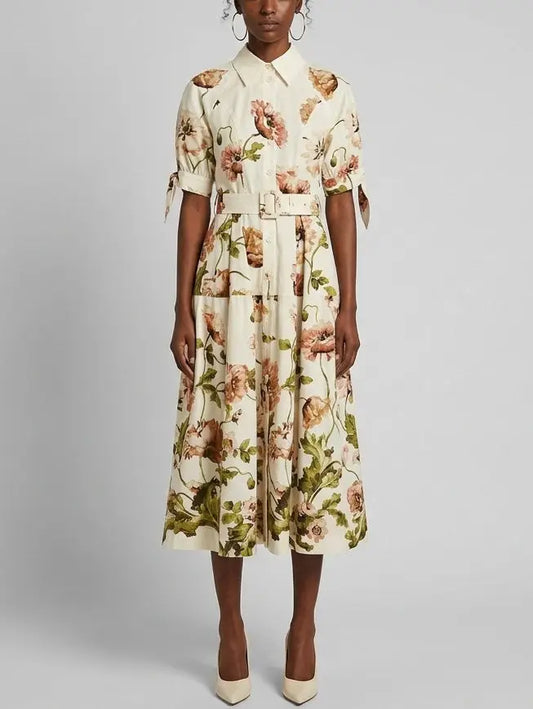 Floral Belted Cream Cotton Midi Shirt Dress - S - Dresses