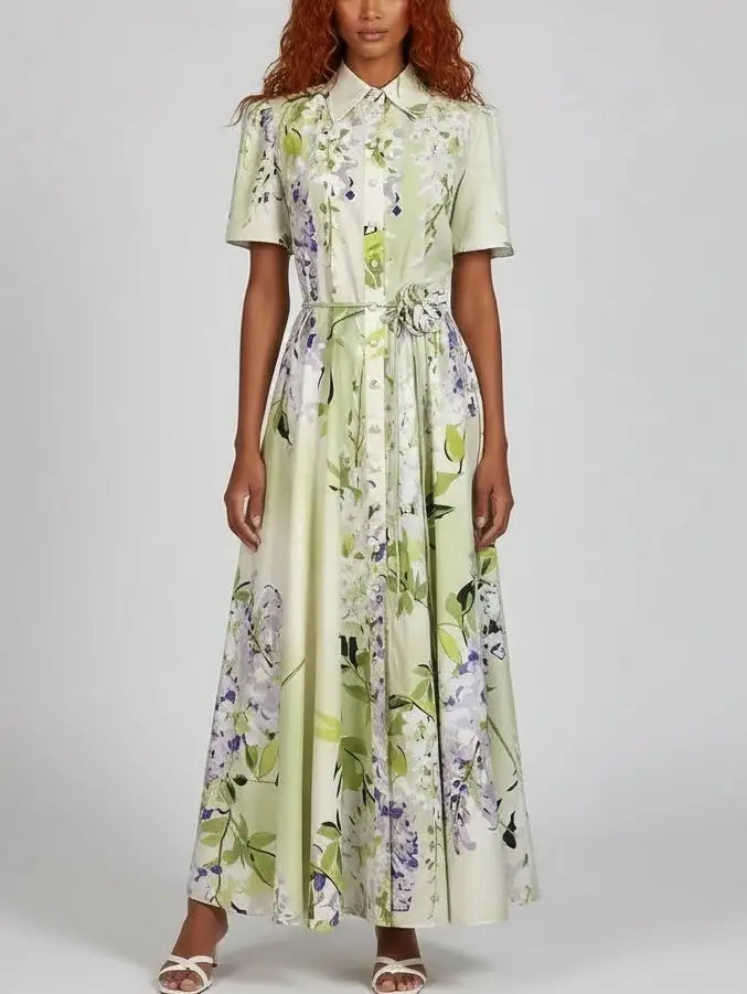Floral Belted Short-Sleeve A-Line Dress - S - Dresses