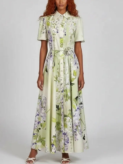 Floral Belted Short-Sleeve A-Line Dress - S - Dresses