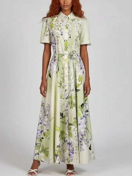 Floral Belted Short-Sleeve A-Line Dress - S - Dresses