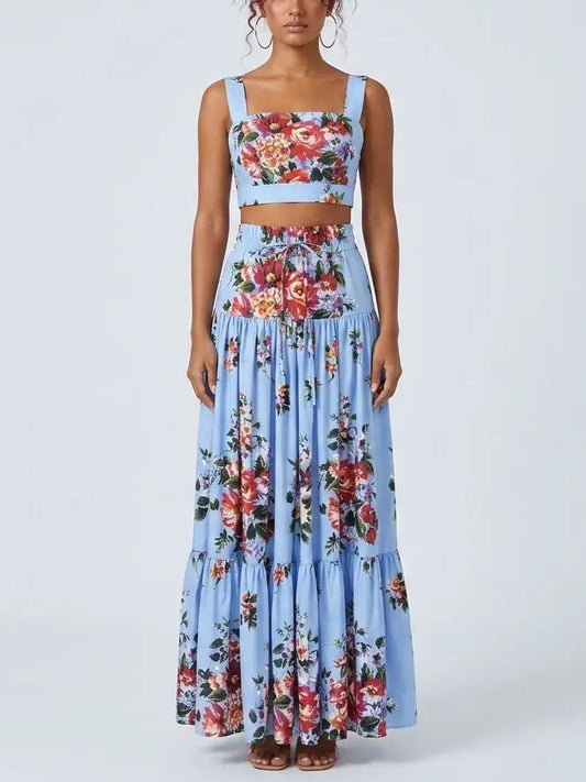 Floral Bouquet Blue Crop Top and Maxi Skirt Set - S - Suits & Sets