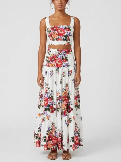 Floral Bouquet Crop Top and Maxi Skirt Set in White - S - Suits & Sets