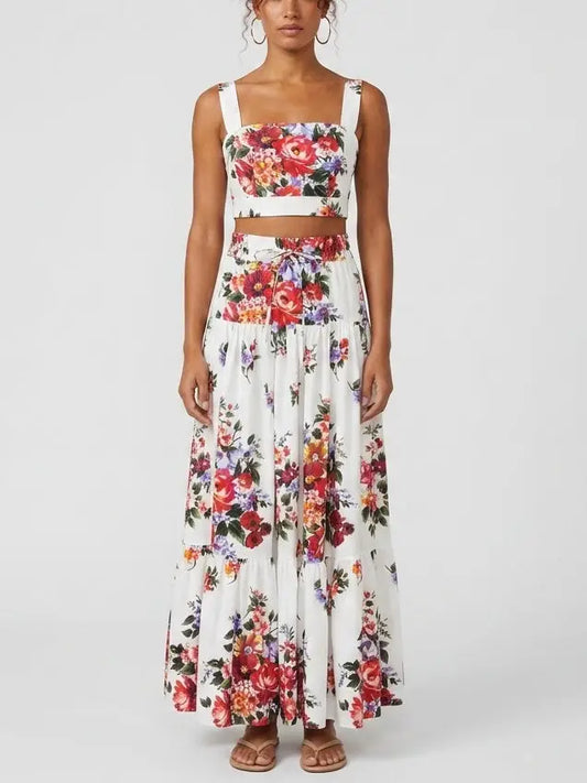 Floral Bouquet Crop Top and Maxi Skirt Set in White - S - Suits & Sets