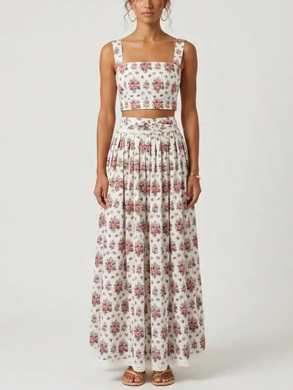 Floral Bouquet Print Cotton Crop Top and Maxi Skirt Set - S - Suits & Sets