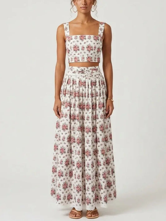 Floral Bouquet Print Cotton Crop Top and Maxi Skirt Set - S - Suits & Sets