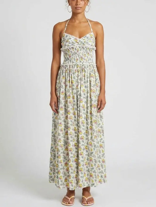 Floral Bouquet Smocked Cotton Maxi Dress - S - Dresses