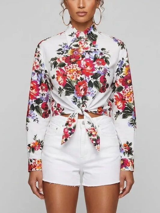 Floral Bouquet Tie-Front Cotton Shirt - S / White - Tops