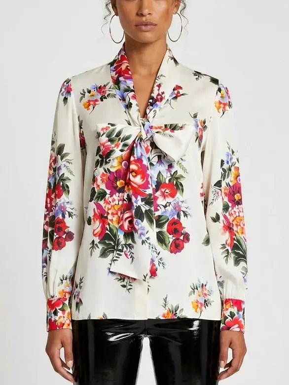 Oversize Silk Twill Shirt with Yellow Rose Print - S - Tops