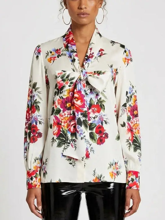 Oversize Silk Twill Shirt with Yellow Rose Print - S - Tops