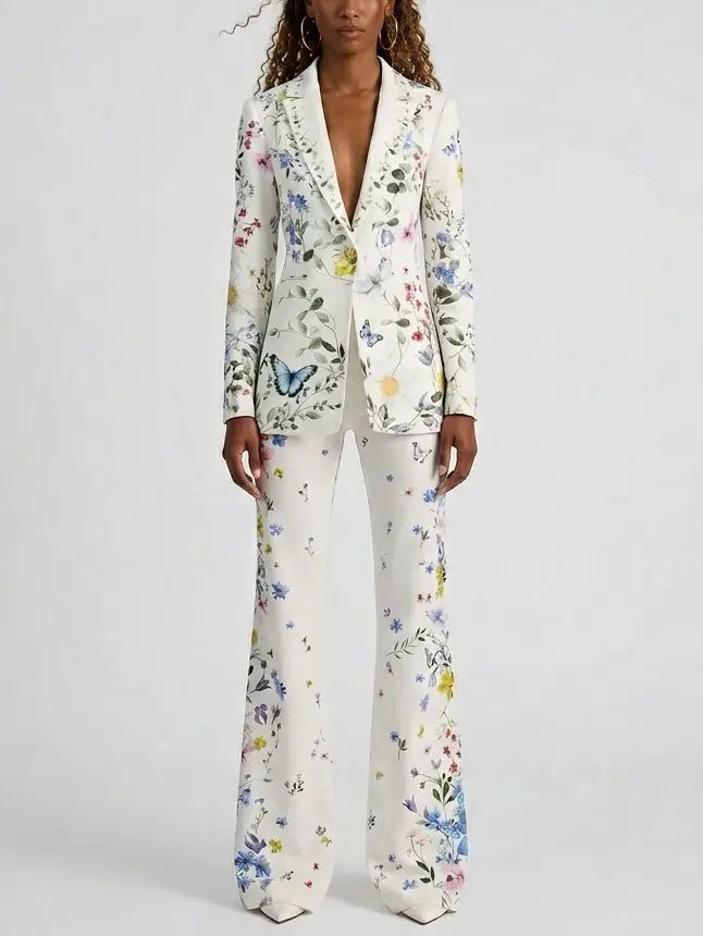 Floral Butterfly Print Blazer and Flared Pants Set - S - Suits & Sets