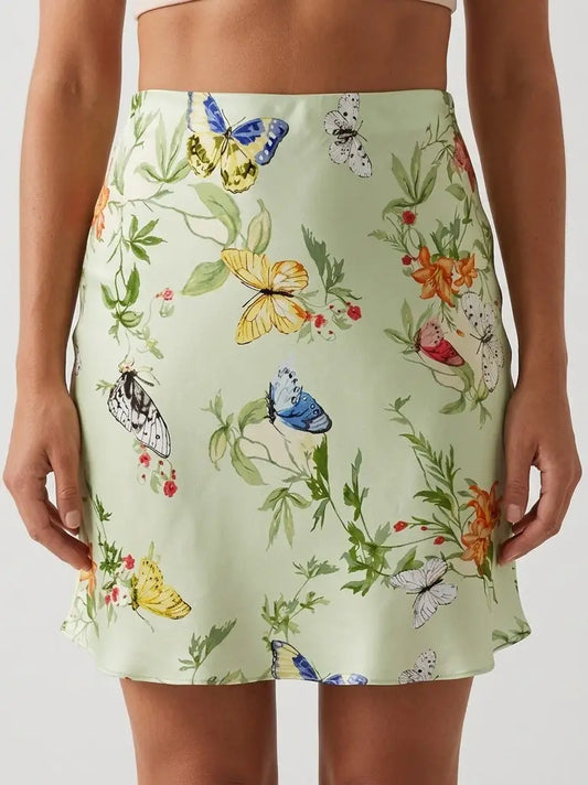Floral Butterfly Print Silk Mini Skirt in Mint Green - Small - Skirts