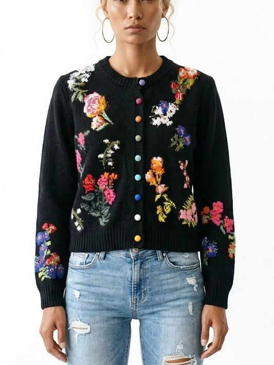 Floral Cashmere Sweater with Multicolored Velvet Buttons - Small / Black - Sweaters & Knitwear