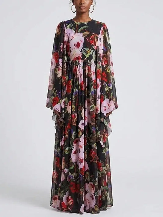 Floral Chiffon Cape Sleeve Maxi Dress - S - Dresses