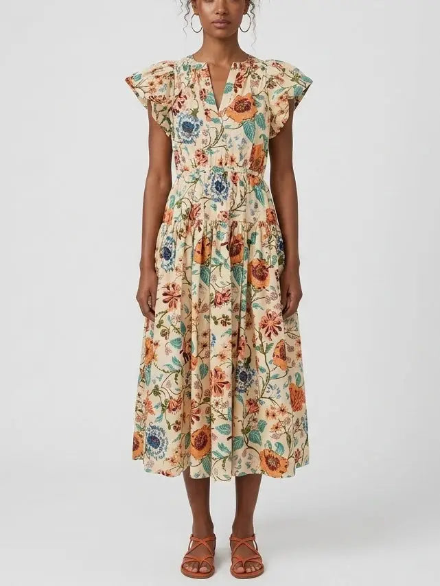 Floral Cotton Midi Dress with Flutter Sleeves - S - Dresses