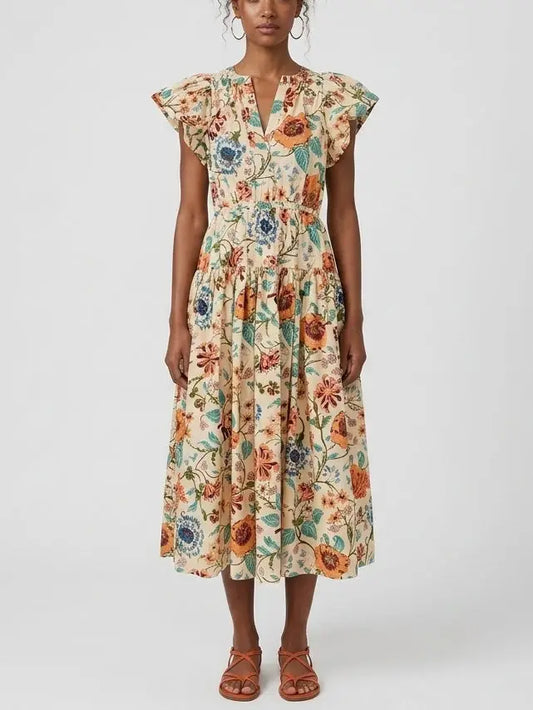 Floral Cotton Midi Dress with Flutter Sleeves - S - Dresses
