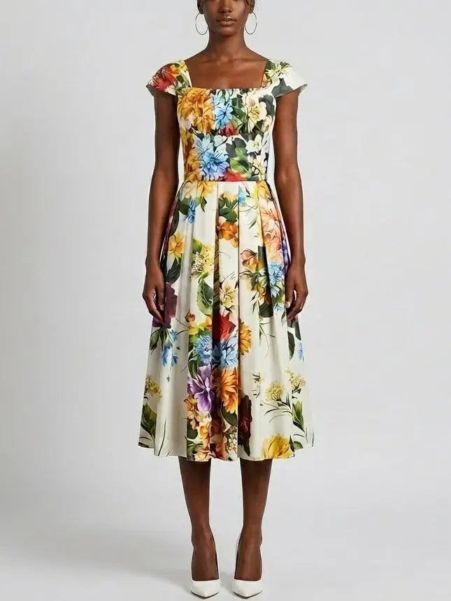 Floral Cotton Midi Dress with Structured Bodice - s - Dresses