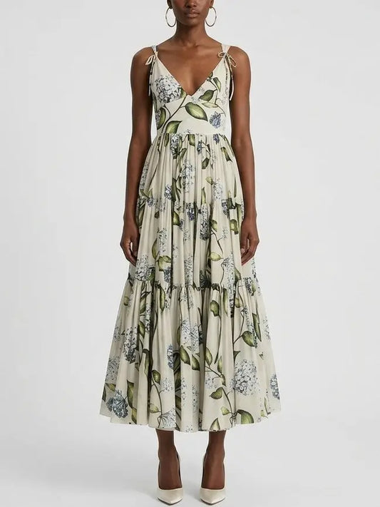 Floral Cotton Tiered Midi Dress with Tie Shoulder Straps - S - Dresses