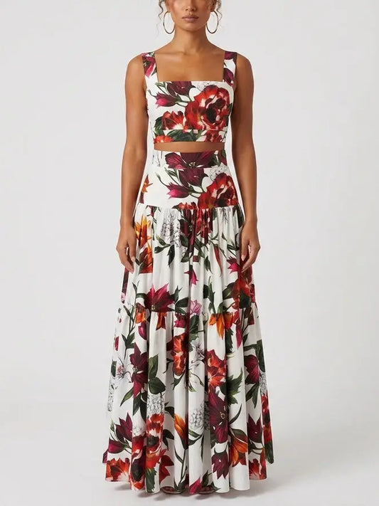 Floral Crop Top and Tiered Maxi Skirt Set - S - Suits & Sets