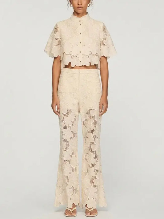 Floral Cutwork Embroidered Top and Pant Set - Small - Suits & Sets