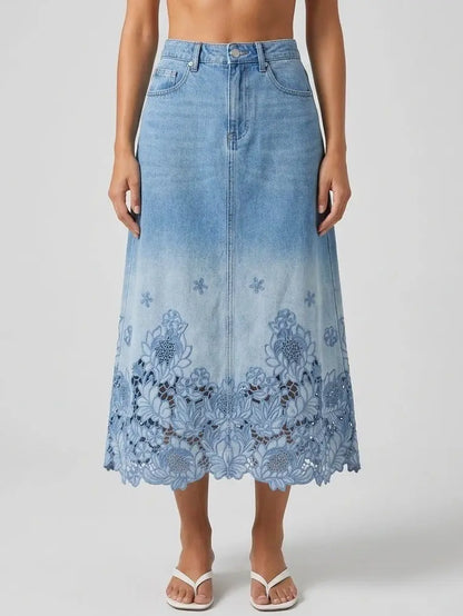 Floral Cutwork Hem Denim Midi Skirt - S - Skirts