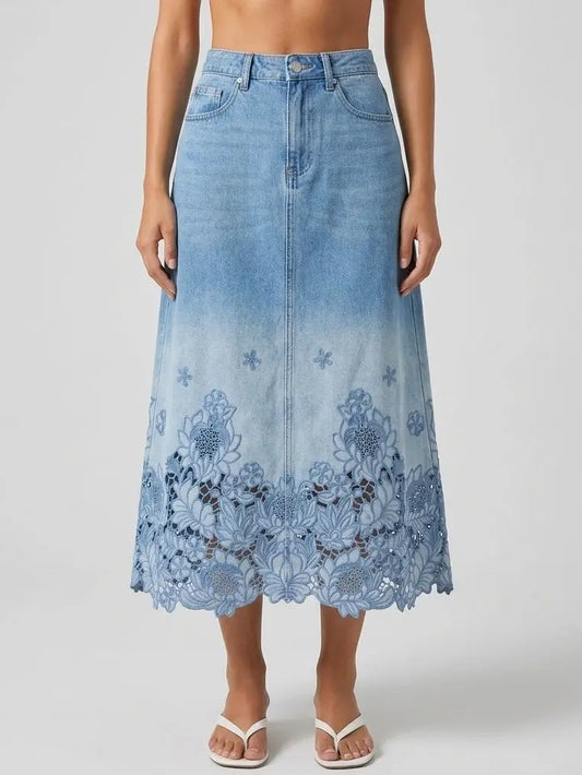 Floral Cutwork Hem Denim Midi Skirt - S - Skirts