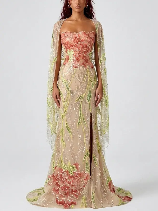 Floral Embellished Strapless Evening Gown with Cape - S - Dresses