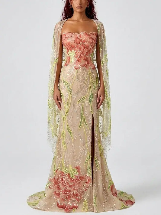 Floral Embellished Strapless Evening Gown with Cape - S - Dresses