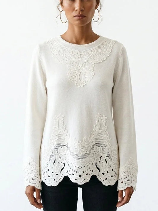 Floral Embroidered Cashmere Sweater with Scalloped Trim - Small - Sweaters & Knitwear