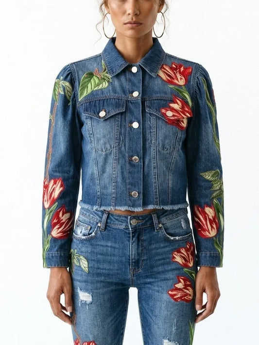 Floral Embroidered Cropped Denim Jacket - XS - Jackets