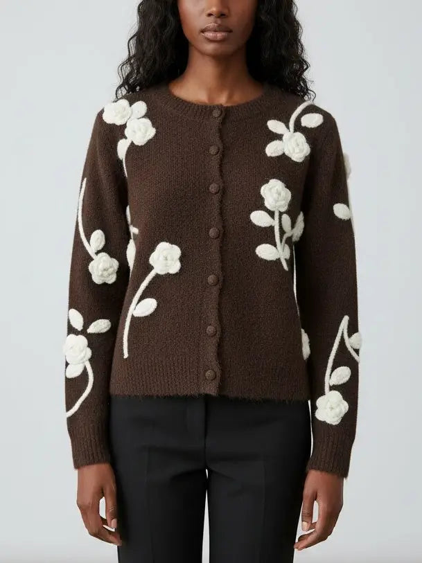 Floral Embroidered Knit Cardigan in Brown - Small - Sweaters & Knitwear