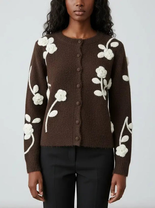 Floral Embroidered Knit Cardigan in Brown - Small - Sweaters & Knitwear