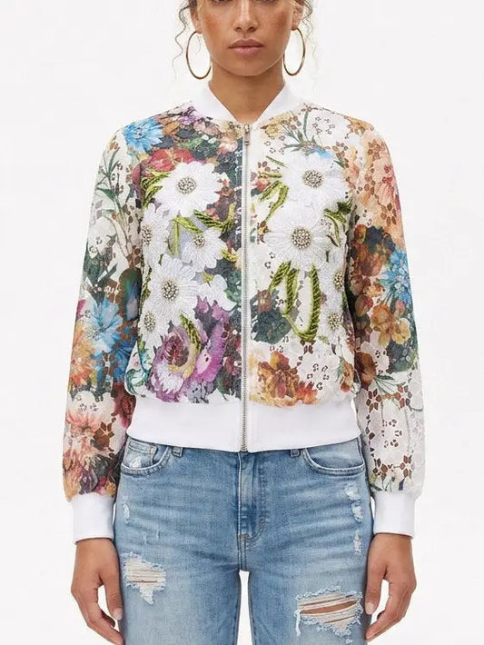 Floral Embroidered Lace Cutout Jacket - S - Jackets