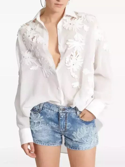 Floral Embroidered White Cotton Shirt - Small - Tops
