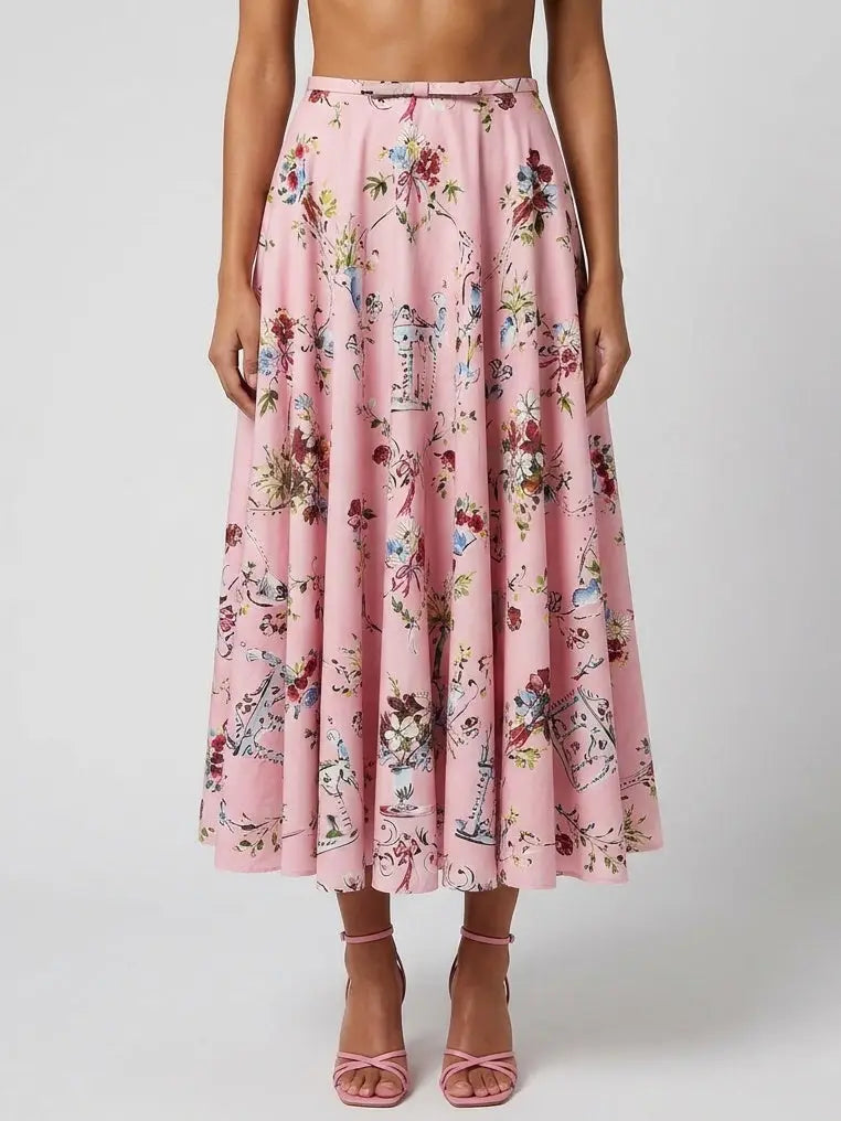 Floral Flared Midi Skirt with Bow Waist Detail - S / Pink - Skirts