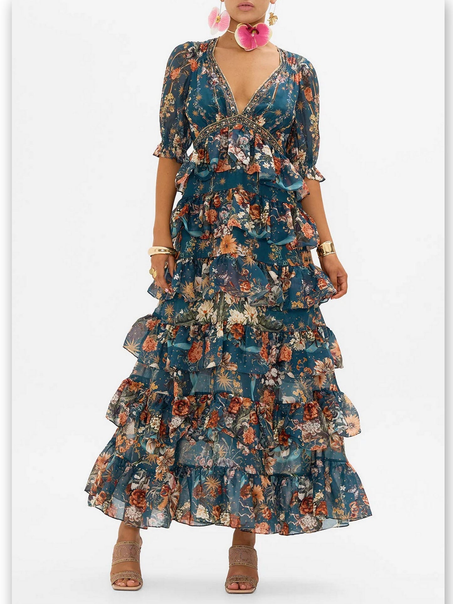 Floral Garden-Print Puff Sleeve Tiered Skirt Long Dress - Branna Couture