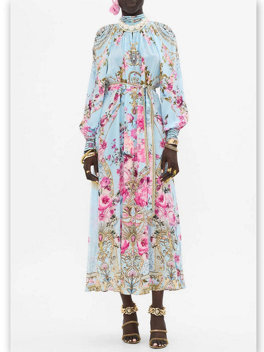 Floral Garden Printed Silk Light Blue Midi Dress - Branna Couture