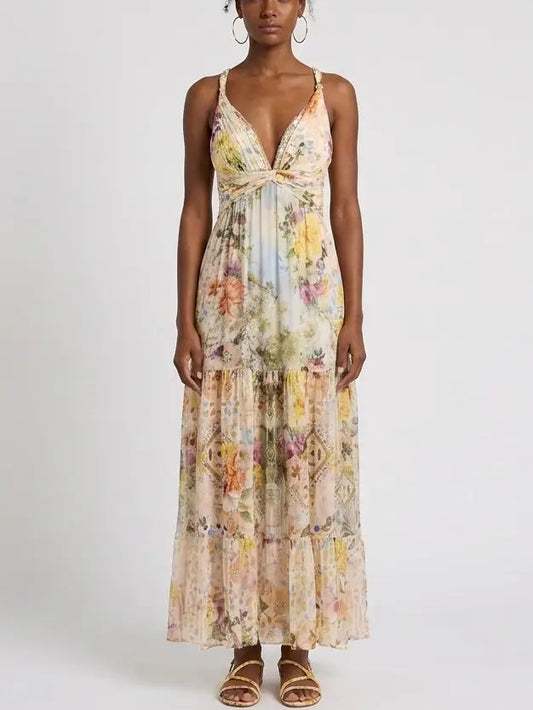 Floral Gathered Silk Plunge Maxi Dress - S - Dresses