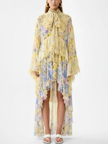 Floral High-Low Tiered Silk Dress in Yellow - Small - Dresses