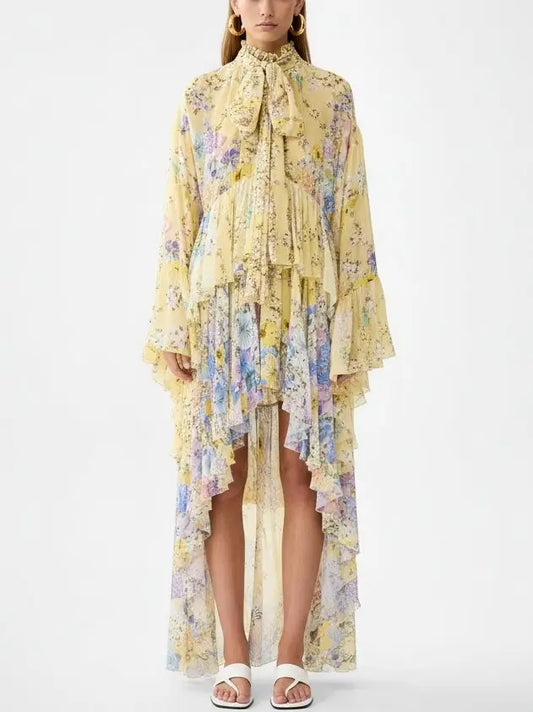 Floral High-Low Tiered Silk Dress in Yellow - Small - Dresses
