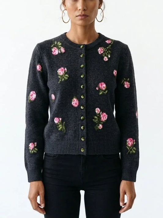 Gray Floral-Embroidered Cropped Wool Cardigan - Small / Charcoal - Sweaters & Knitwear
