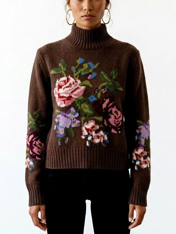 Floral Intarsia Wool Cashmere High Neck Sweater - Small - Sweaters & Knitwear